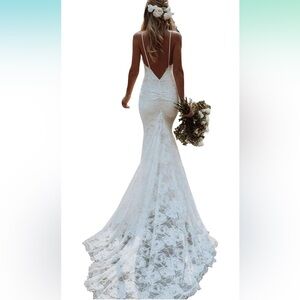 Mermaid Wedding Dresses for Bride Boho Lace V-Neck Backless Beach Bridal Dress
